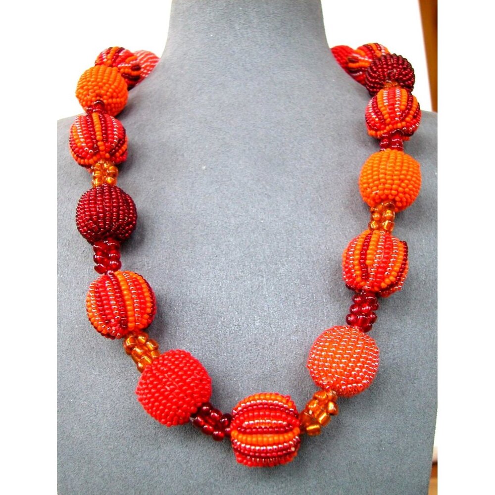 Handcrafted Red & Orange Beaded 2 Necklaces & Bracelet